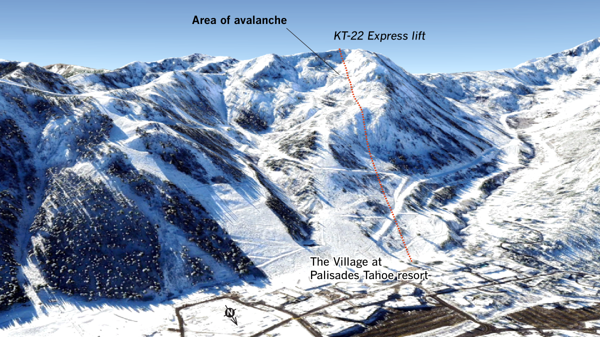 Satellite imagery from Google Earth shows the KT-22 Express lift an where an avalanche occurred on Wednesday.