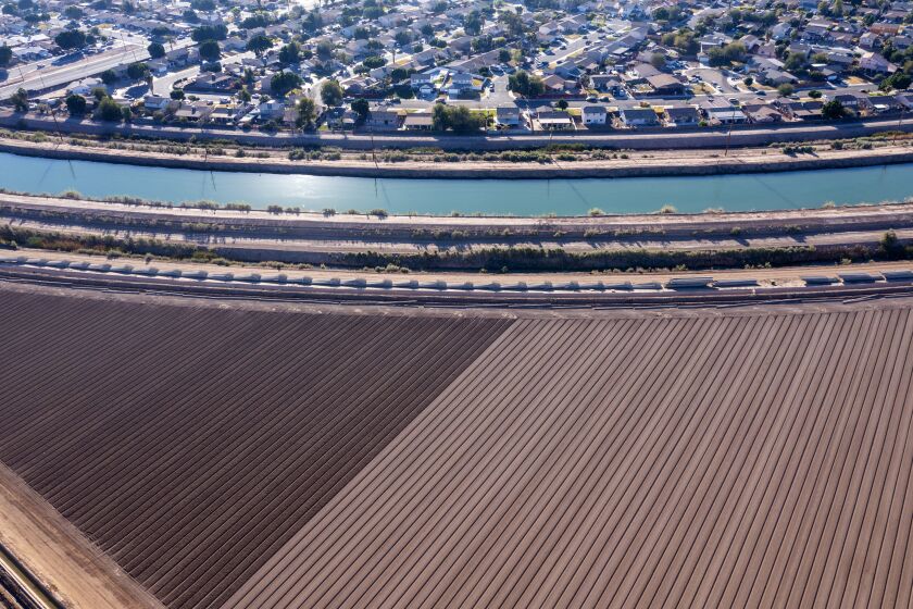 CALEXICO, CA - January 27: Aerial views of the suburban agriculture interface along the All-American Canal on Thursday, Jan. 27, 2022 in Calexico, CA. (Brian van der Brug / Los Angeles Times)