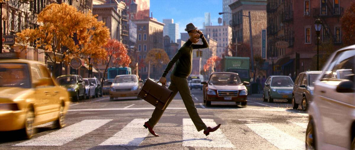 A man walks across a city street in the animated movie Soul