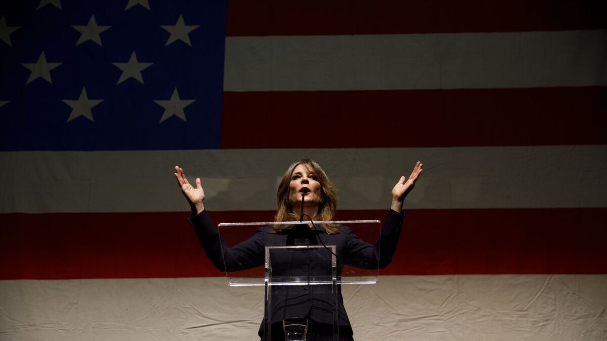 Author Marianne Williamson announces her presidential campaign at the Saban Theatre in Beverly Hills.