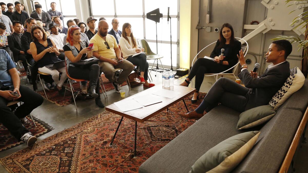 Cat Packer, head of the new Los Angeles Cannabis Bureau, delivers a talk during the "Dawn of Legal Cannabis" event put on by Eaze in Venice.