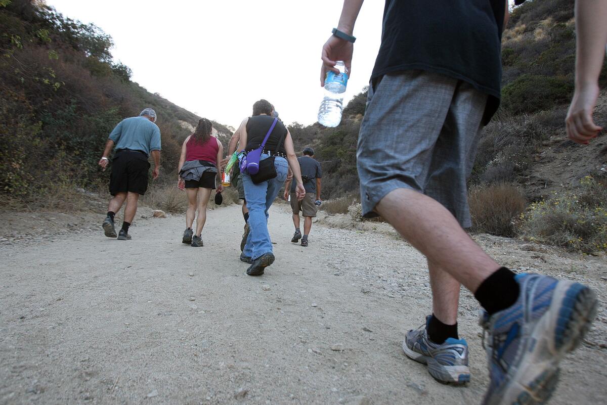 Some of the group on the ascent near the beginning of the trail on a hike of the Stough Canyon trail in Burbank on Tuesday, July 22, 2014. The group meets every Tuesday at the Stough Canyon Nature Center and departs promptly at 6:30 p.m. and hikes to a point that has several names like Table Point, Tree Point, and Crispy Cream Point. The total distance is about three miles.