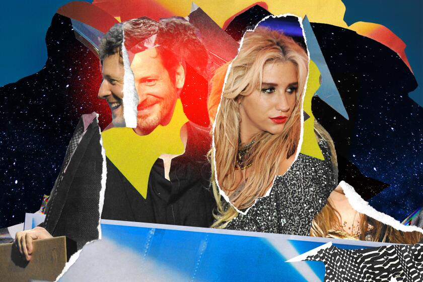 Torn photos showing Dr Luke, a brunette white man holding an award, and Kesha, a blonde white woman with red lipstick