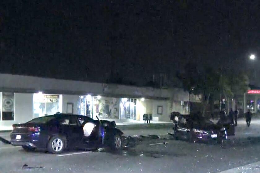 A woman in Pomona was killed late Wednesday night in a possible street-racing crash, police said. A witness to the crash scene on Holt Avenue near Loranne Avenue said that two cars were racing each other around 11:50 p.m. right before the crash, and that the woman who died was a passenger in one of the racing vehicles, police said, noting that that information had not been confirmed.