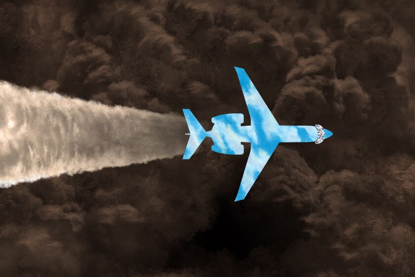 Illustration of a private jet on a dark cloudy background with blue sky and diamonds inside the shape of the jet.