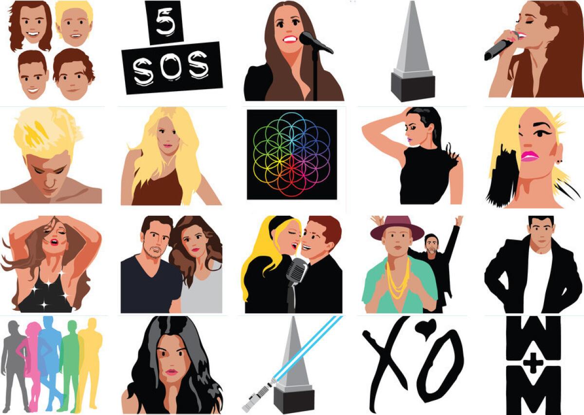 Twenty custom emojis were created for Twitter for Sunday's American Music Awards, including illustrations of One Direction, Five Seconds of Summer, Ariana Grande, Justin Bieber, Carrie Underwood, Coldplay and show host Jennifer Lopez.