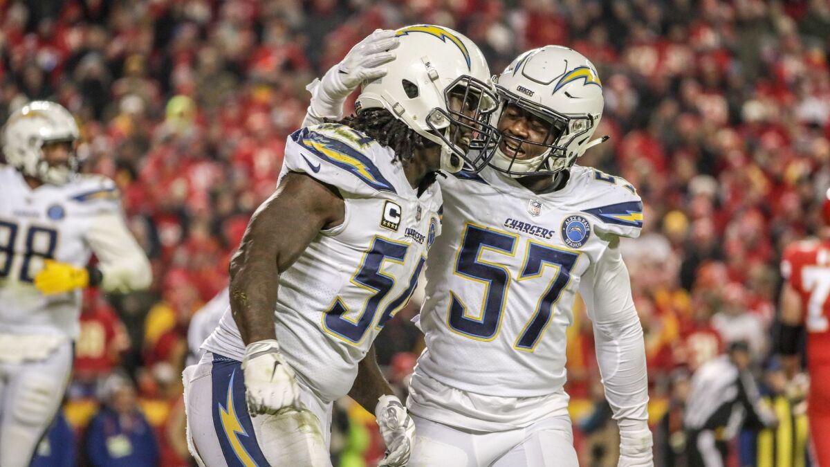 Chargers linebacker Melvin Ingram is congratulated by teammate Jatavis Brown after sacking Chiefs quarterback Patrick Mahomes to stop a drive late in the fourth quarter on December 13, 2018.