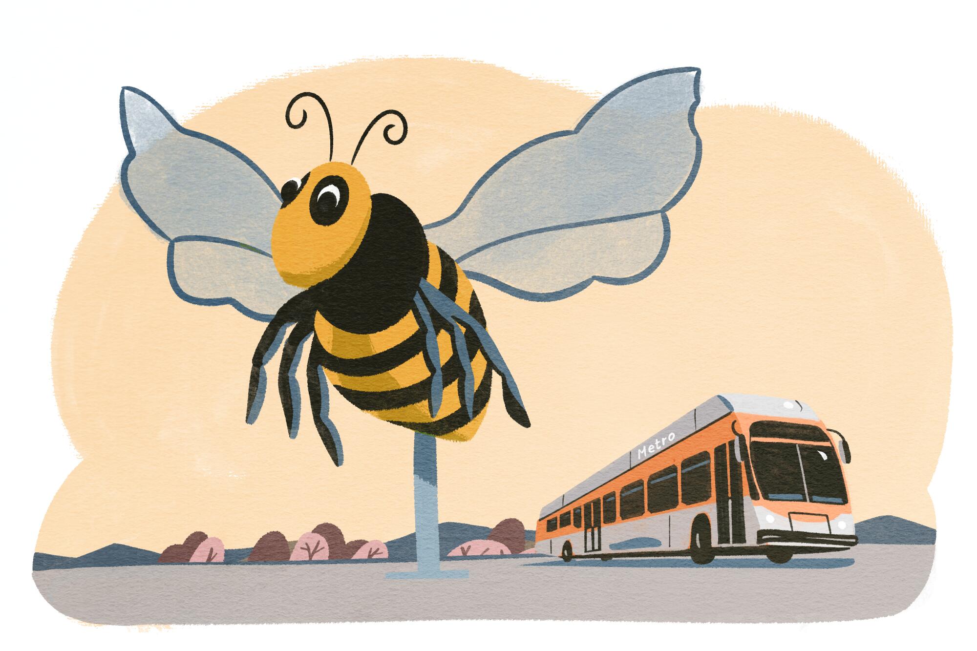 illustration of a city bus driving past a giant bumblebee sculpture