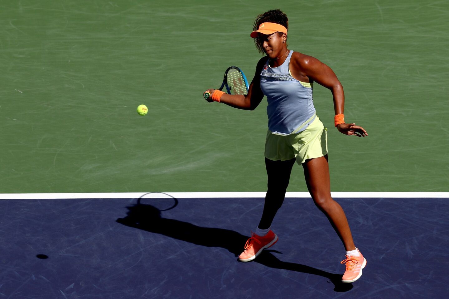 INDIAN WELLS, CA - MARCH 18: Naomi Osaka of Japan returns a shot to Daria Kasatkina of Russia during the women's final on Day 14 of the BNP Paribas Open at the Indian Wells Tennis Garden on March 18, 2018 in Indian Wells, California. (Photo by Matthew Stockman/Getty Images) ** OUTS - ELSENT, FPG, CM - OUTS * NM, PH, VA if sourced by CT, LA or MoD **