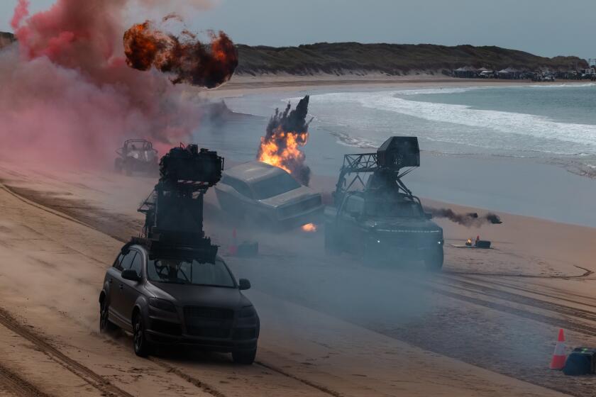 The stunt crew pulls off an explosive stunt on the set of "The Fall Guy"