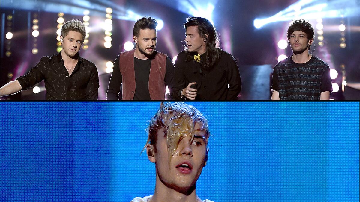 Singers Niall Horan, top left, Liam Payne, Harry Styles, Louis Tomlinson of One Direction (top) and Justin Bieber were among the big winners.