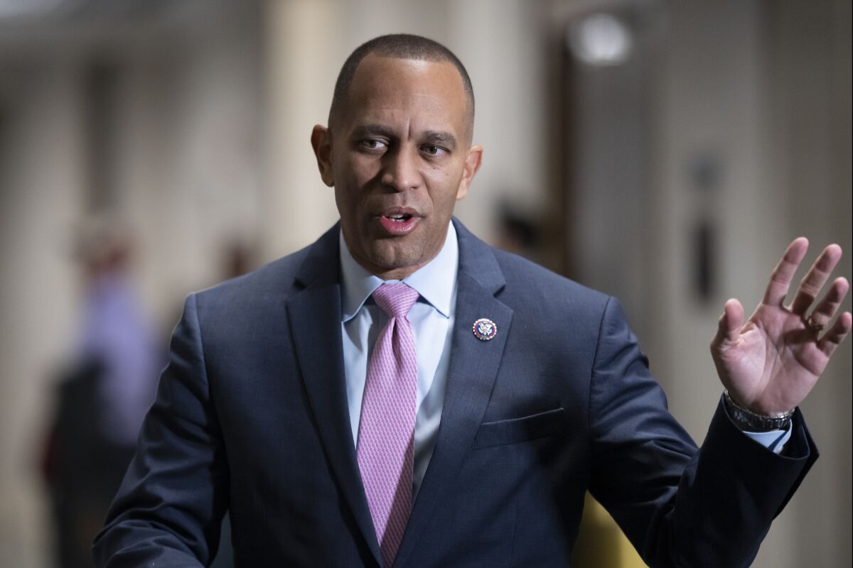 FILE - Rep. Hakeem Jeffries, D-N.Y., talks with reporters on Capitol Hill in Washington