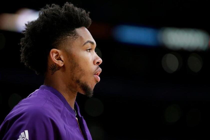 Lakers forward Brandon Ingram warms up before a game against the Rockets at Staples Center on Oct. 26.