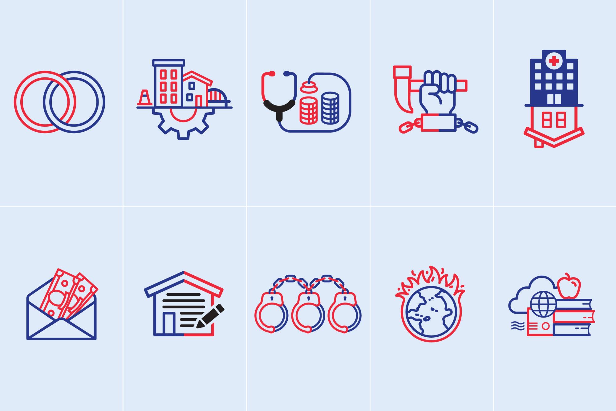 Ten ballot proposition logos in red, white and blue in a grid 