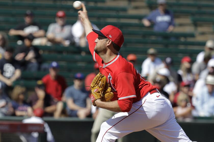 Los Angeles Angels' Matt Andriese throws during the first inning of a spring training baseball game against the San Diego Padres, Thursday, Feb. 27, 2020, in Tempe, Ariz. (AP Photo/Darron Cummings)