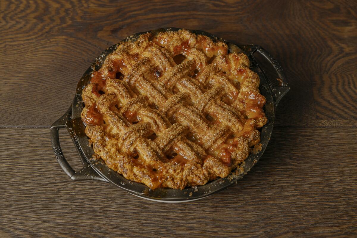 A brown butter apple pie with lattice crust