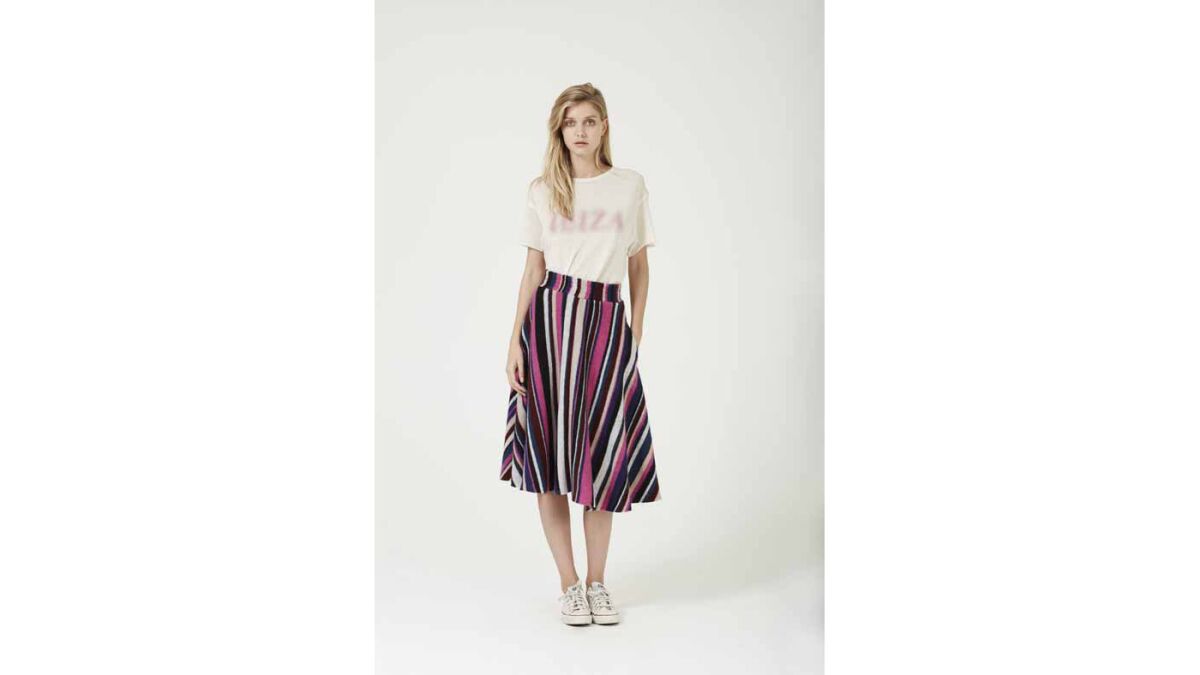 The Elder Statesman printed cashmere and silk Favorite T-shirt, $540, and cashmere Circle skirt, $1095 at The Elder Statesman in West Hollywood, (424) 288-4221, elder-statesman.com.