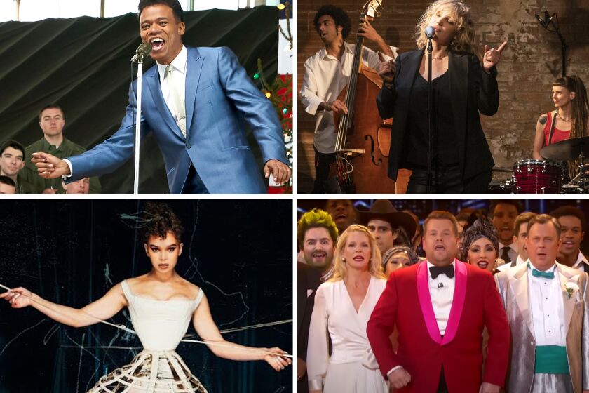 Singin' it and bringin' it: (Clockwise from top left) Leroy McClain in "The Marvelous Mrs. Maisel"; Damian Nueva Cortes, Joanna Kulig and Lada Obradovic in "The Eddy"; James Corden and cast of "The 73rd Annual Tony Awards"; Hailee Steinfeld in a music video for "Dickinson."