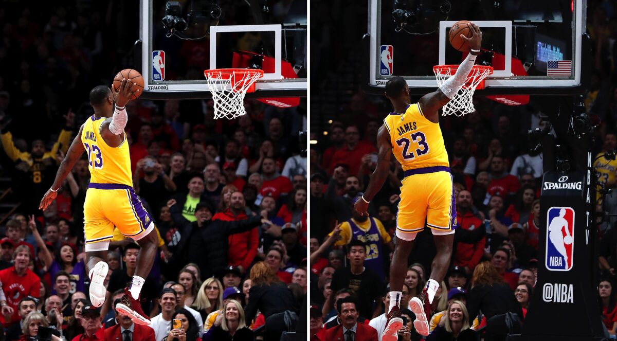Lakers forward LeBron James dunks against the Trail Blazers during the first half.