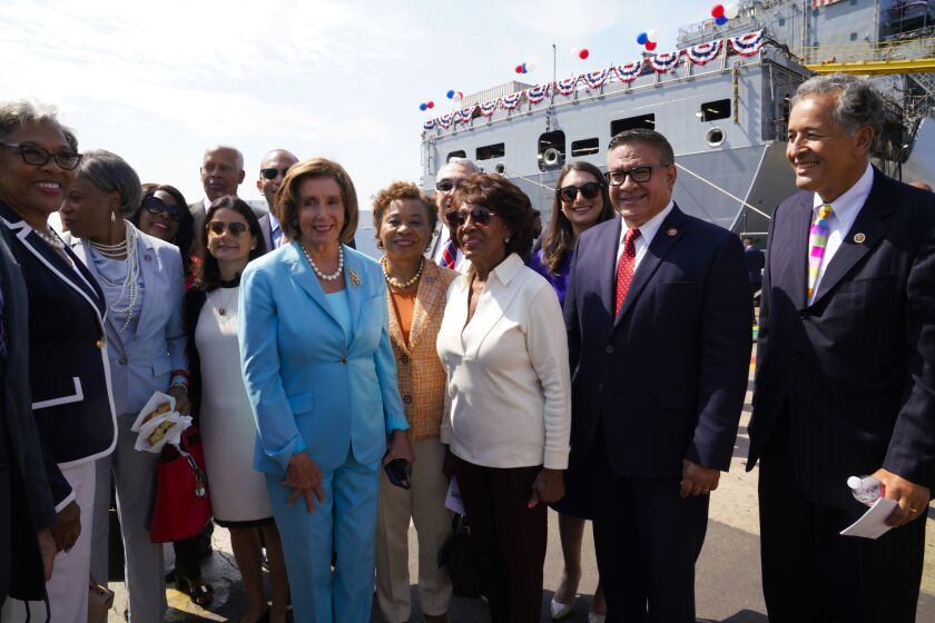 San Diego, CA - July 17: At General Dynamics NASSCO shipyard in San Diego, CA., on Saturday, July 17, 2021, Nancy Pelosi met with guest after the official christening of the USNS John Lewis. (Nelvin C. Cepeda / The San Diego Union-Tribune)