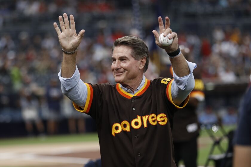 FILE - Former San Diego Padres Steve Garvey waves to fans before a baseball game against the St. Louis Cardinals Saturday, June 29, 2019, in San Diego. Garvey, who played in Los Angeles and San Diego, is considering entering California's 2024 U.S. Senate race as a Republican. (AP Photo/Gregory Bull,File)