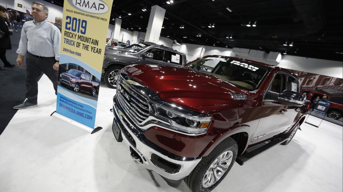 A 2019 Ram pickup truck on display at the auto show in Denver.