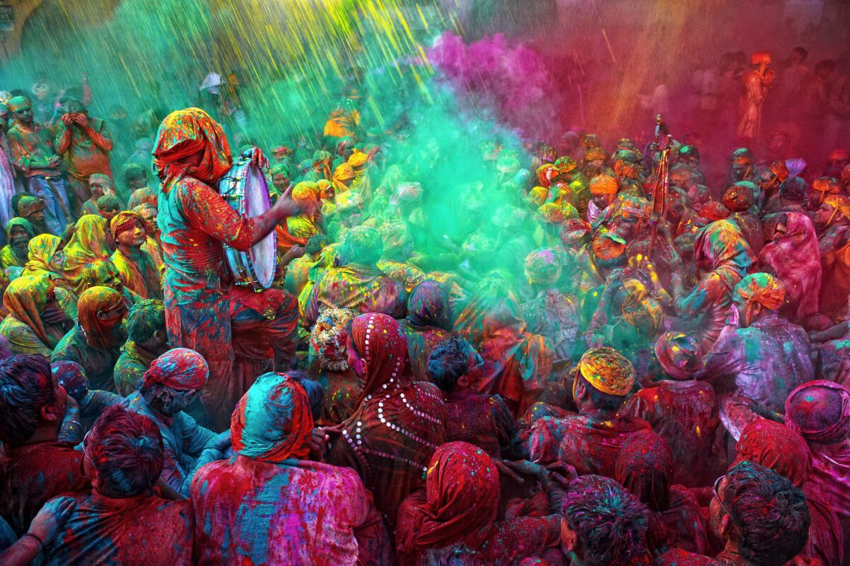 Holi Festival celebrations in Mathura, India.