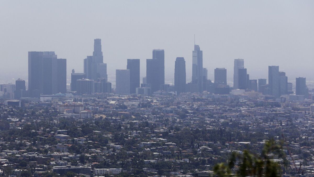 The downtown Los Angeles skyline is seen from Griffith Observatory on July 1.