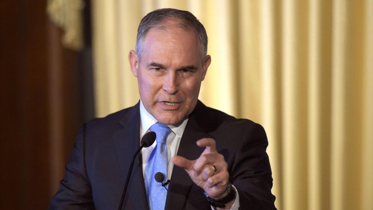 EPA Administrator Scott Pruitt, during an appearance before his agency's workforce in February. EPA web pages that contradict his climate denialism are being systematically removed.
