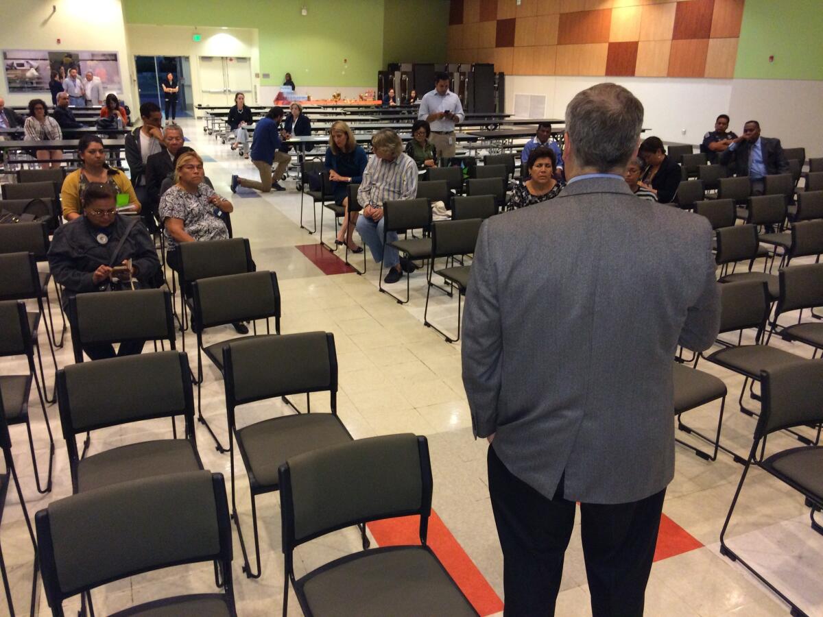 About two dozen people showed up Monday evening to the Roybal Learning Center just west of downtown, to talk about what they want in a new L.A. schools chief. Consultant Hank Gmitro, a retired superintendent, led the meeting.