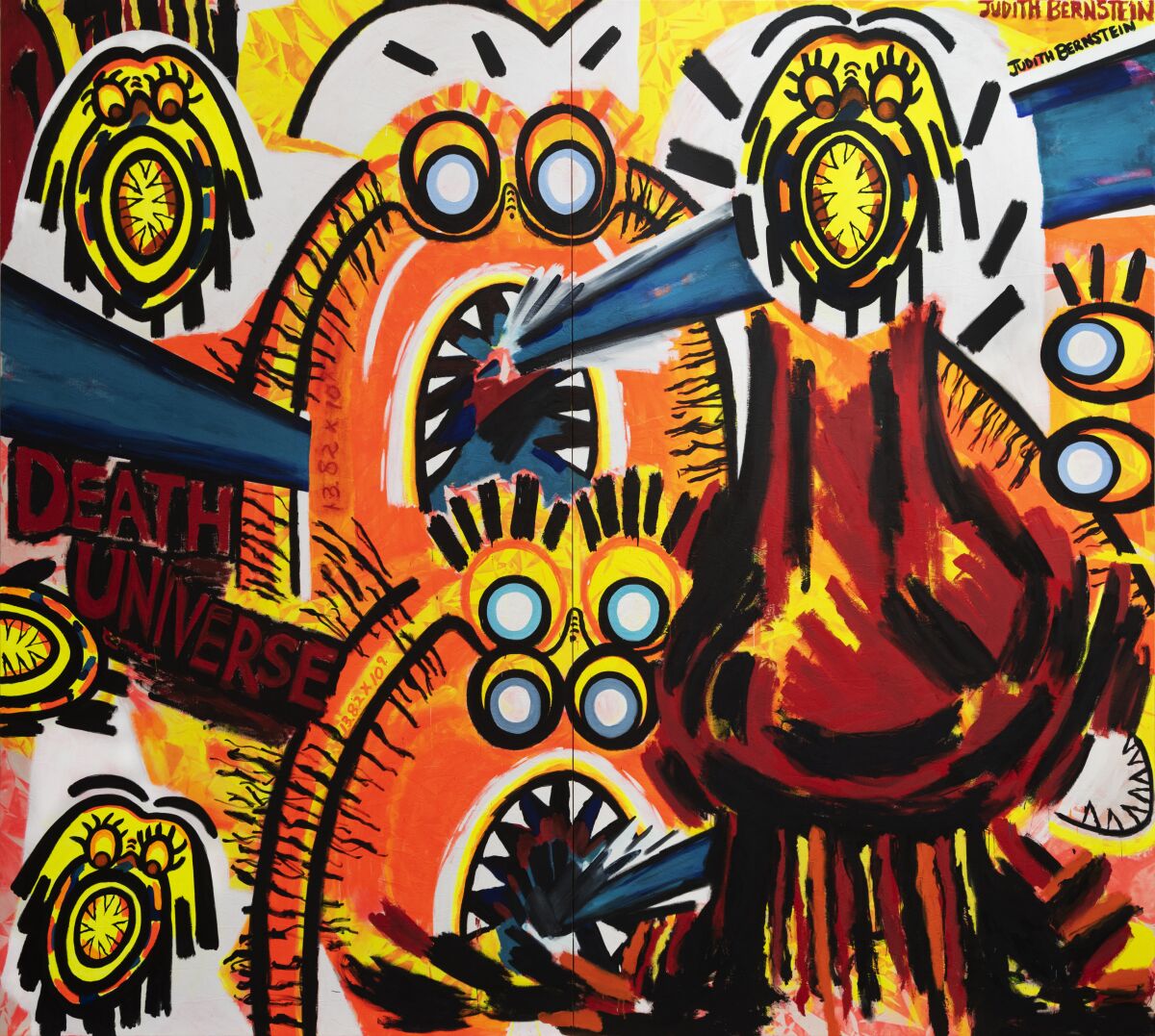 A painting in orange, yellow, blue and brown shows a series of angry creatures with wide eyes and jagged teeth