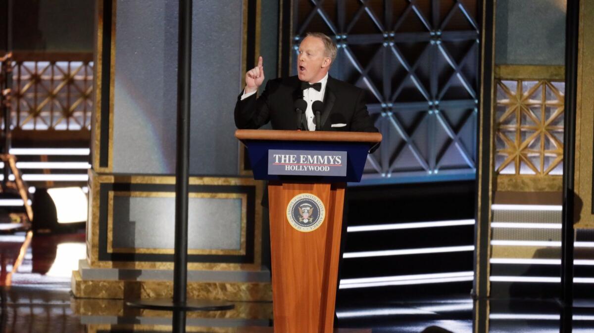 Former White House press secretary Sean Spicer speaks onstage during the show at the 69th Emmy Awards.