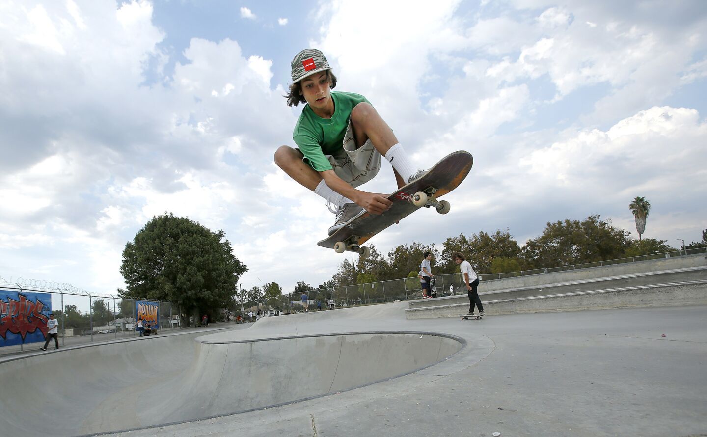 Max Badder soars high in the heat at the Van Nuys Pedlow Skate Park.