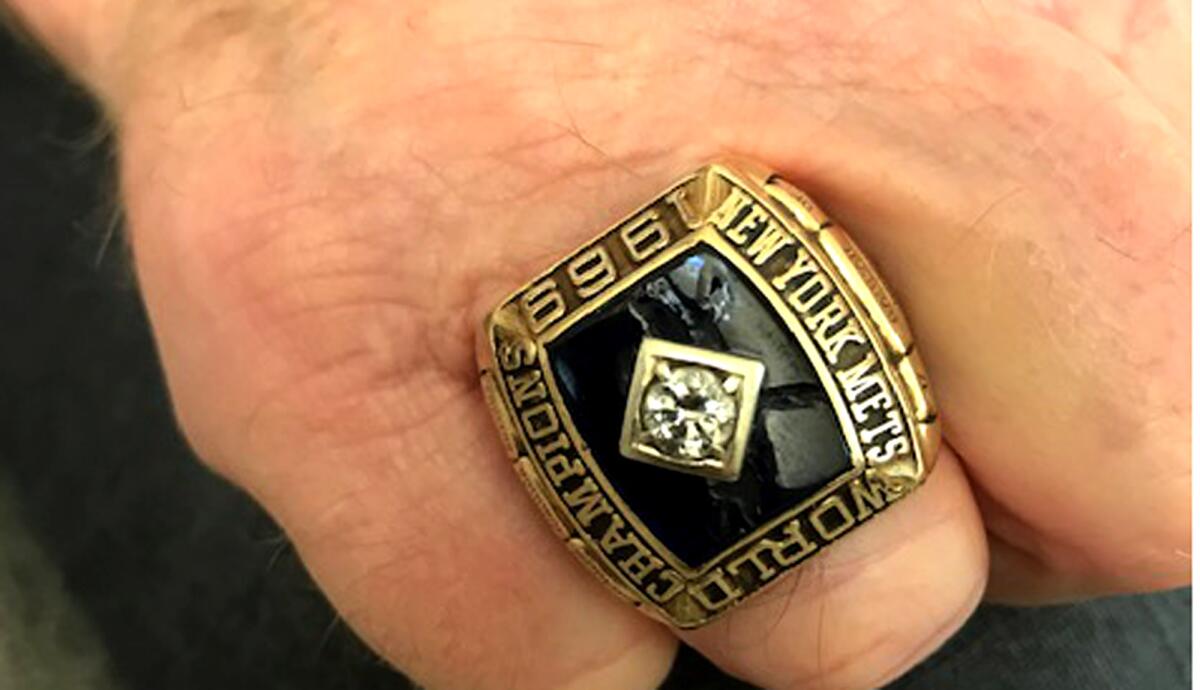 Rod Gaspar displays his 1969 World Series championship ring that he won with the Mets.