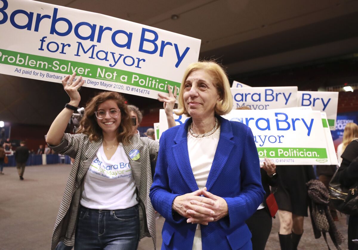 Then-City Councilwoman Barbara Bry of La Jolla campaigns for San Diego mayor in 2020.
