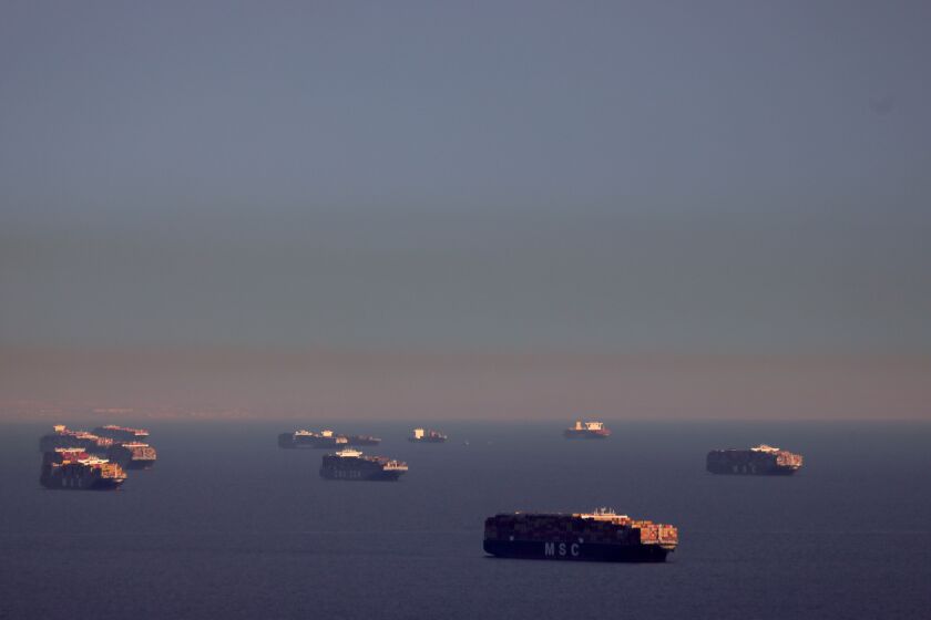 SAN PEDRO, CALIFORNIA - FEBRUARY 01: Container ships and tankers are anchored close to the ports of Los Angeles and Long Beach on February 1, 2021 in San Pedro, California. As of January 28, a record 38 container ships were on standby to offload cargo to the ports of Long Beach and Los Angeles amid a wave of online consumer goods purchases in the U.S. amid the pandemic. (Photo by Mario Tama/Getty Images)