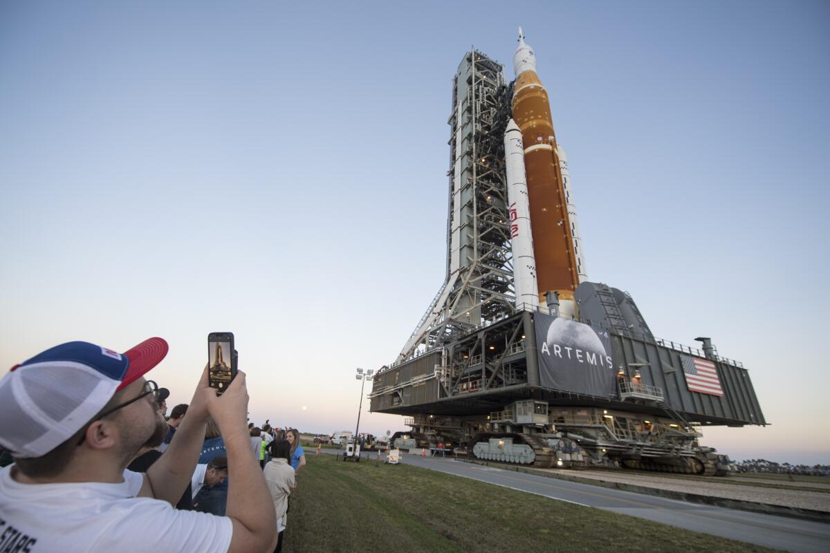 NASA's Space Launch System rocket with the Orion spacecraft aboard at the Kennedy Space Center in Florida.