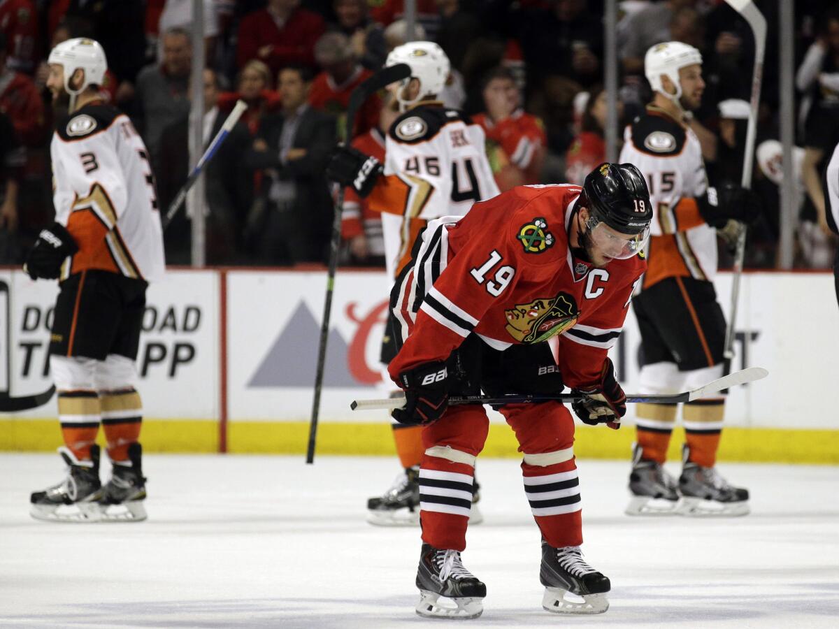 Blackhawks forward Jonathan Toews reacts after losing Game 3 to the Ducks, 2-1, in Chicago.