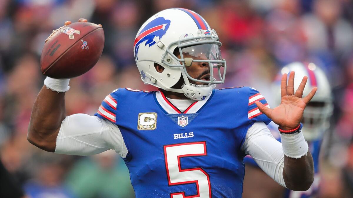 Buffalo Bills quarterback Tyrod Taylor has completed 64.2% of his passes this season, with 10 touchdowns and three interceptions.