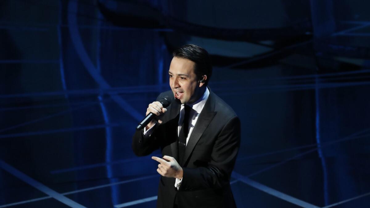 Lin-Manuel Miranda rapping during the telecast of the 89th Academy Awards.
