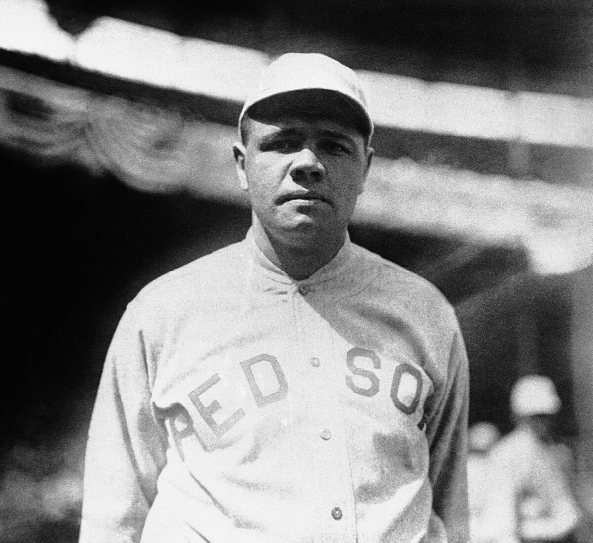 This 1919 photo shows Boston Red Sox player Babe Ruth