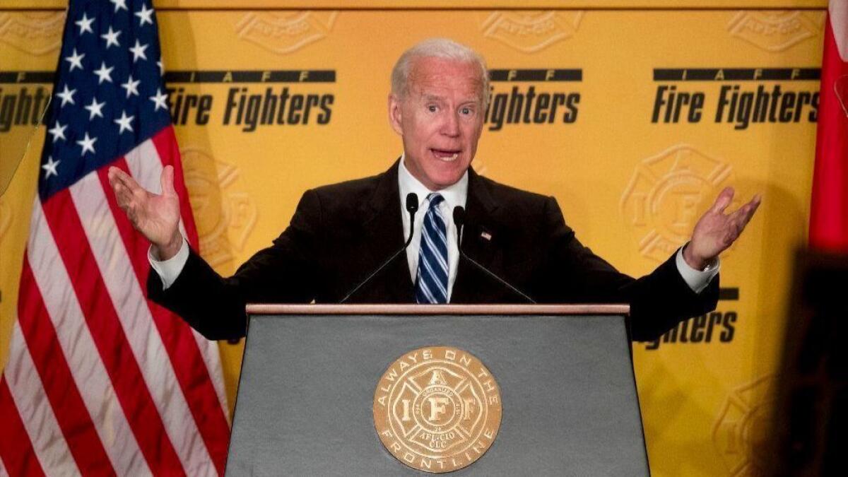 Former Vice President Joe Biden speaks to the International Assn. of Firefighters in Washington on March 12.