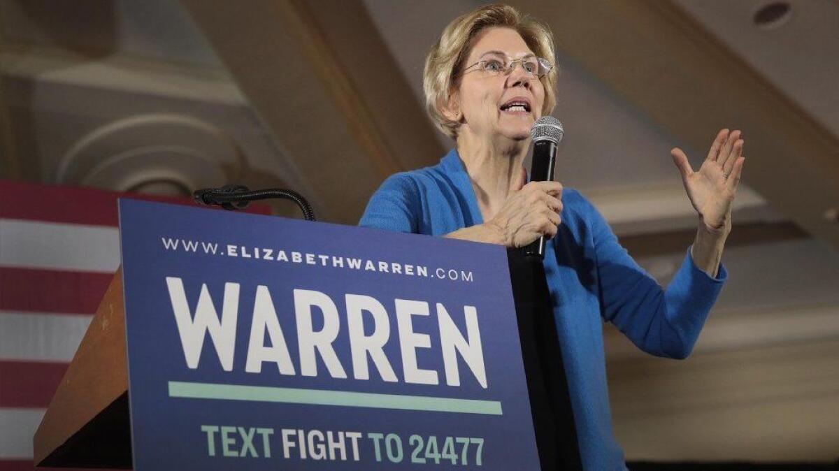 Sen. Elizabeth Warren speaks at a campaign rally at the University of Iowa on Feb. 10.