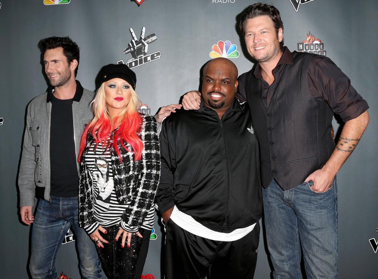 Over on "The Voice," CeeLo Green and Christina Aguilera, center, are sitting this season out to focus on other projects, like touring. Filling in their swirly red chairs are Usher and Shakira. If there's time, contestants on each show will actually sing.