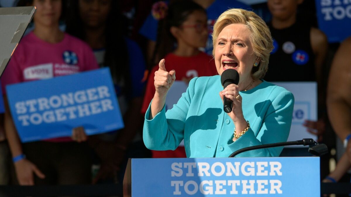 Democratic presidential nominee Hillary Clinton speaks to supporters at a rally in Tampa, Fla.