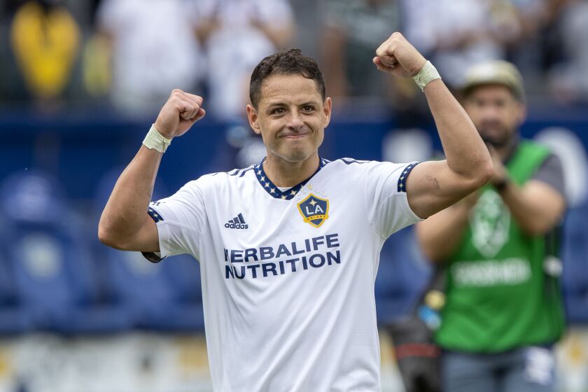FILE -Los Angeles Galaxy Javier “Chicharito” Hernandez celebrates after an MLS soccer game, Saturday, Oct. 15, 2022 in Nashville, Tenn. The ageless Mexican star stepped back into the past and led the LA Galaxy to a playoff berth last season. Chicharito had 18 goals and played in 32 matches, both highs since he moved to MLS. It was the most goals for Hernandez in any season since 2009-10 when he scored 21 in his final season with Chivas de Guadalajara.(AP Foto/Alex Gallardo, File)
