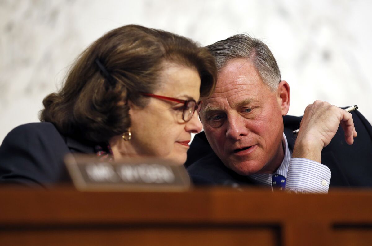 U.S. Sen. Dianne Feinstein, a Democrat from California, and Sen. Richard M. Burr, a Republican from North Carolina, at a meeting on Capitol Hill in February.