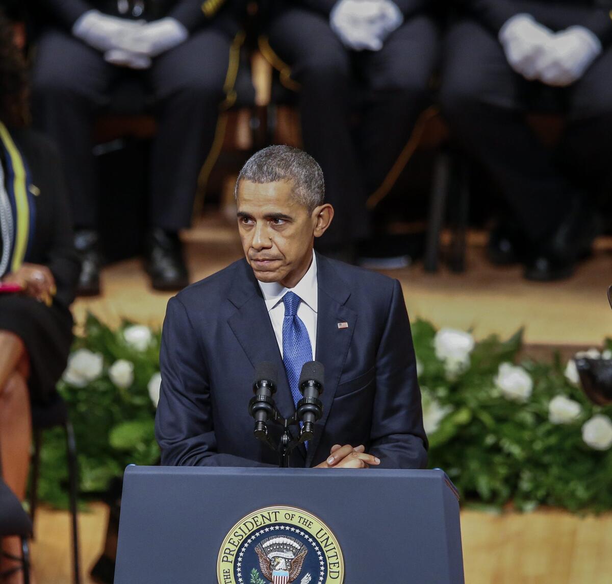 U.S. President Barack Obama speaks during the Interfaith Tribute to Dallas Fallen Officers at the Morton H. Meyerson Symphony Center in Dallas, Texas.