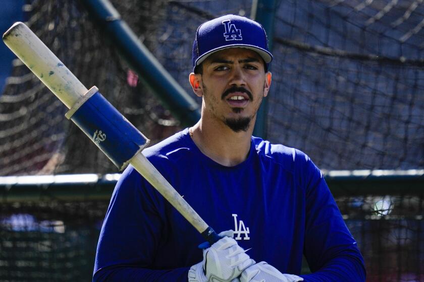 Dodgers second baseman Miguel Vargas participates in batting practice before a game against the Angels on June 21, 2023.