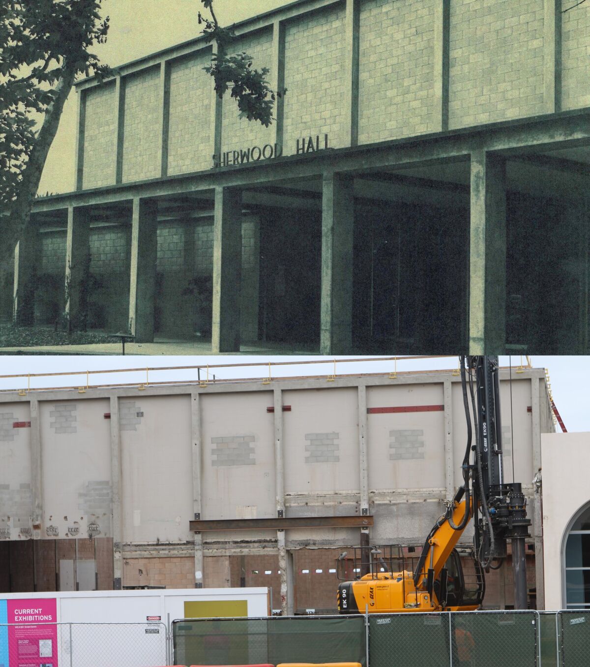 Knocking down the walls of the old Sherwood Hall (top: as it looked in 1960 and bottom: as it looks today) will make room for a new, glass-encased lobby and exhibit hall for the La Jolla campus of the Museum of Contemporary Art San Diego, which is scheduled to reopen in 2021.